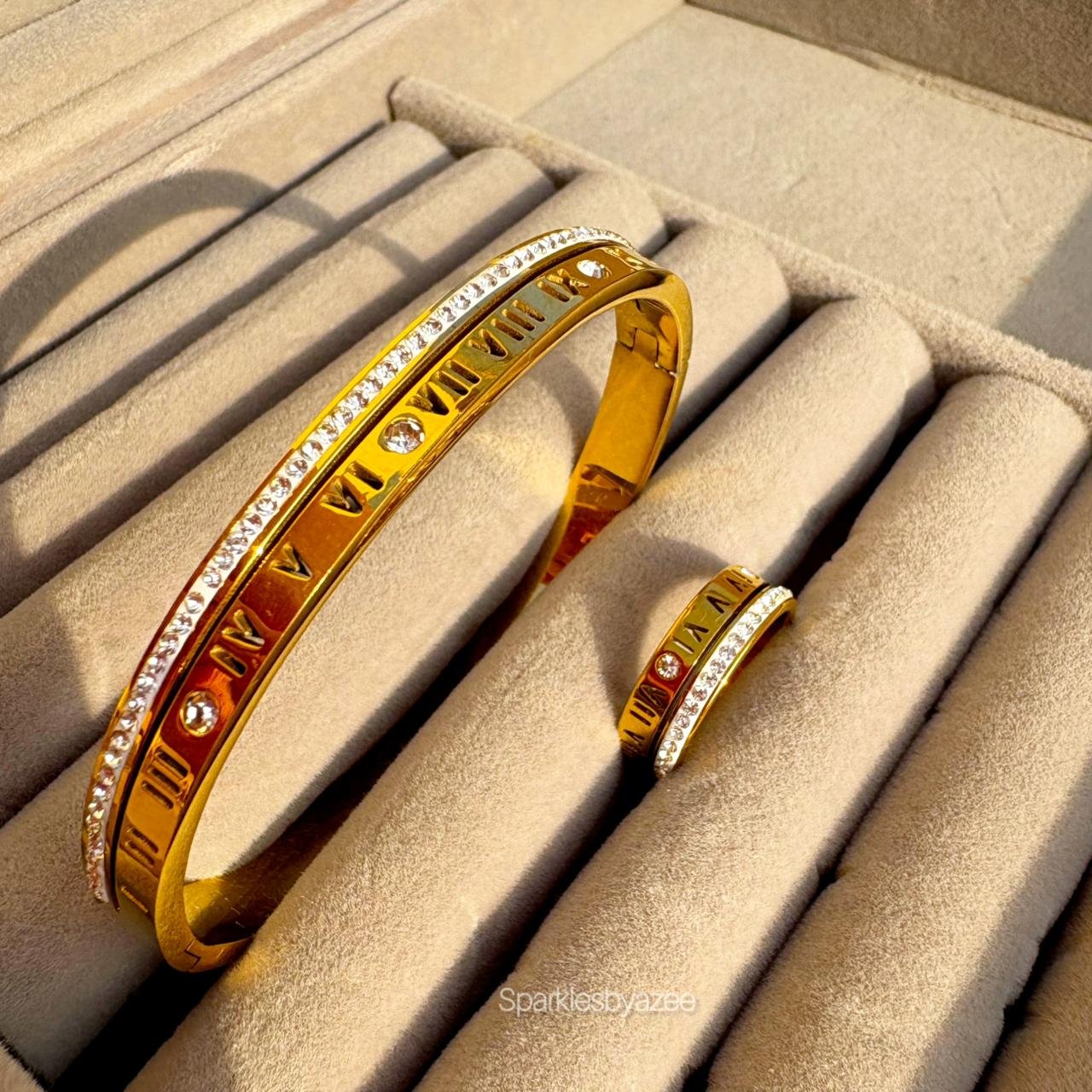 Set of Roman Numeral Bracelet - Roman Numeral Ring (18K Gold Plated)